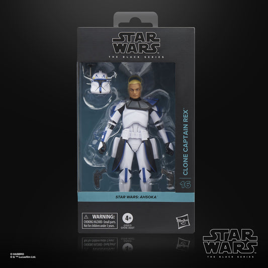 Star Wars The Black Series Captain Rex (Ahsoka) 6-Inch Action Figure in packaging, predominantly white and blue suit with a helmet accessory.